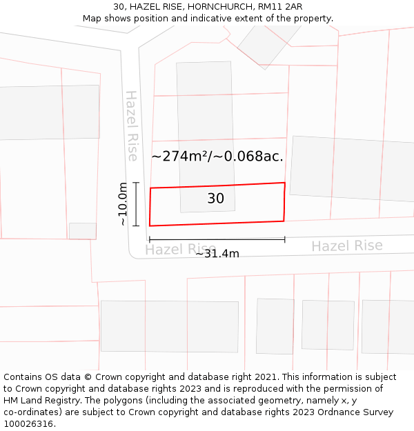 30, HAZEL RISE, HORNCHURCH, RM11 2AR: Plot and title map