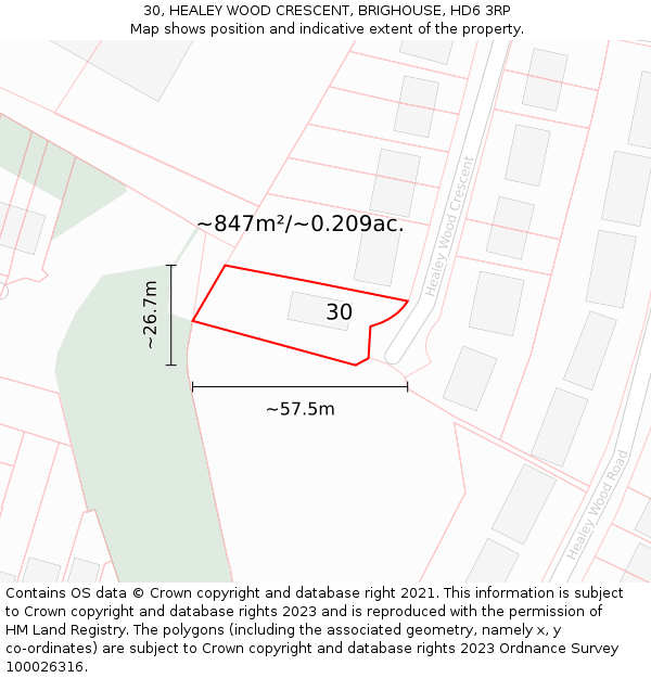 30, HEALEY WOOD CRESCENT, BRIGHOUSE, HD6 3RP: Plot and title map