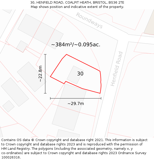 30, HENFIELD ROAD, COALPIT HEATH, BRISTOL, BS36 2TE: Plot and title map