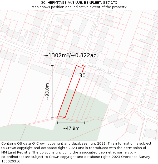 30, HERMITAGE AVENUE, BENFLEET, SS7 1TQ: Plot and title map