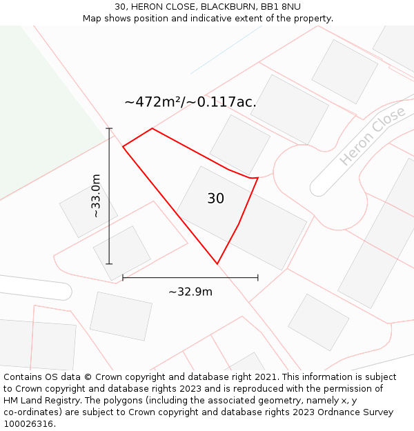 30, HERON CLOSE, BLACKBURN, BB1 8NU: Plot and title map