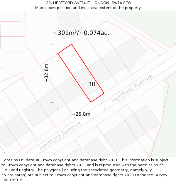 30, HERTFORD AVENUE, LONDON, SW14 8EQ: Plot and title map