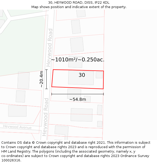 30, HEYWOOD ROAD, DISS, IP22 4DL: Plot and title map