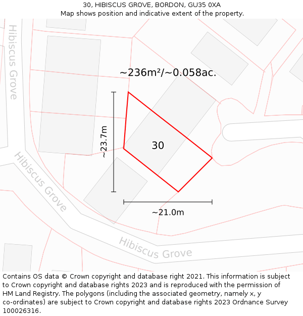 30, HIBISCUS GROVE, BORDON, GU35 0XA: Plot and title map