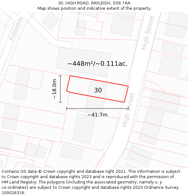 30, HIGH ROAD, RAYLEIGH, SS6 7AA: Plot and title map