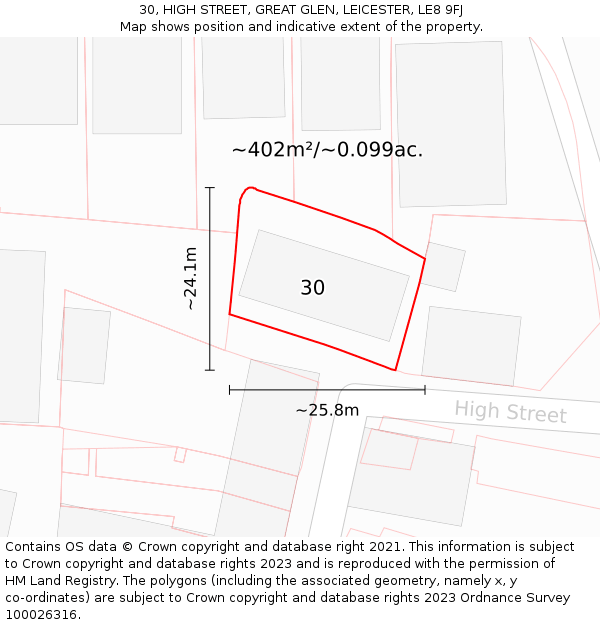 30, HIGH STREET, GREAT GLEN, LEICESTER, LE8 9FJ: Plot and title map