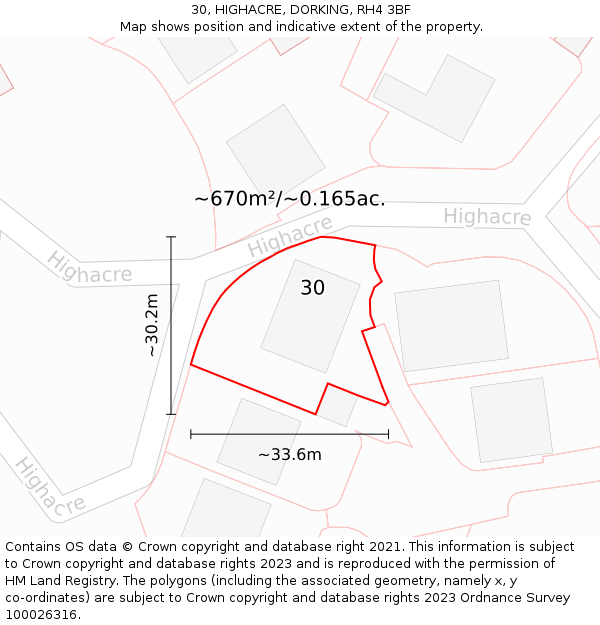 30, HIGHACRE, DORKING, RH4 3BF: Plot and title map