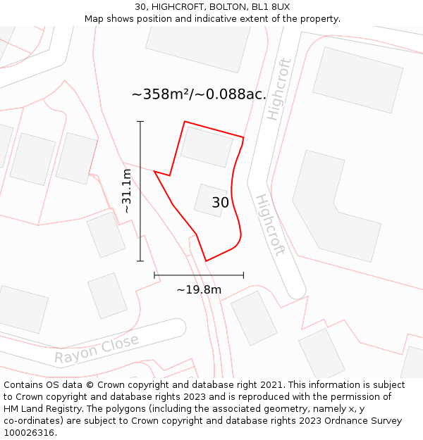 30, HIGHCROFT, BOLTON, BL1 8UX: Plot and title map