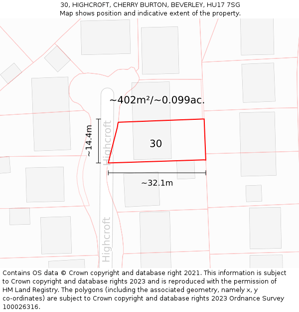 30, HIGHCROFT, CHERRY BURTON, BEVERLEY, HU17 7SG: Plot and title map