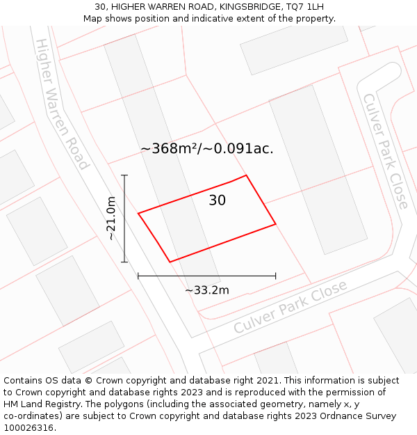 30, HIGHER WARREN ROAD, KINGSBRIDGE, TQ7 1LH: Plot and title map