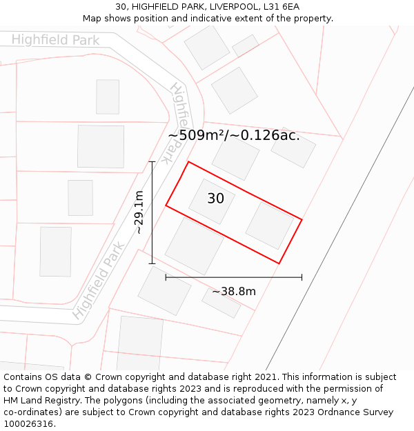 30, HIGHFIELD PARK, LIVERPOOL, L31 6EA: Plot and title map