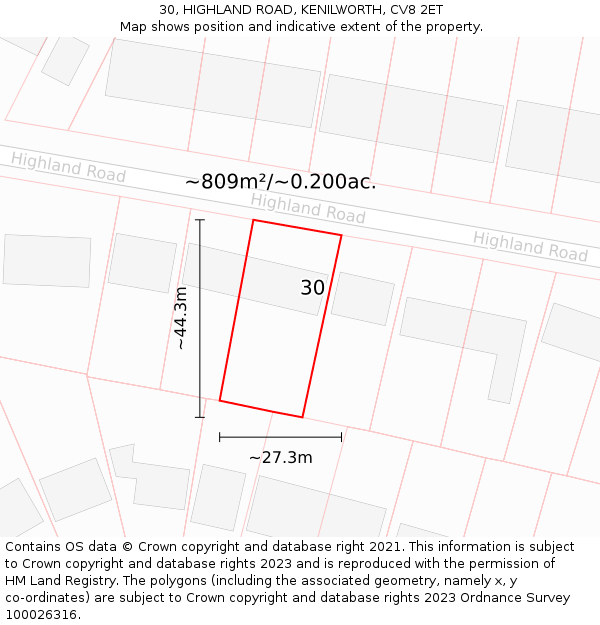 30, HIGHLAND ROAD, KENILWORTH, CV8 2ET: Plot and title map