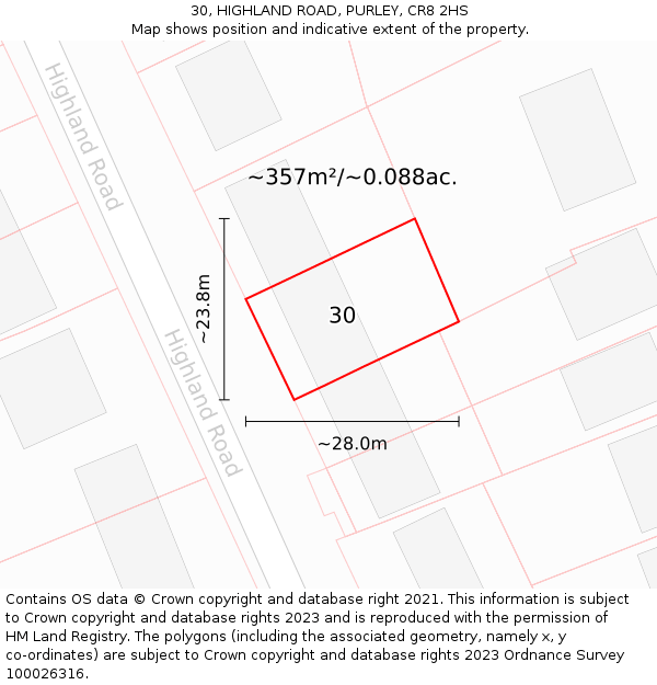 30, HIGHLAND ROAD, PURLEY, CR8 2HS: Plot and title map