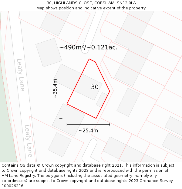 30, HIGHLANDS CLOSE, CORSHAM, SN13 0LA: Plot and title map