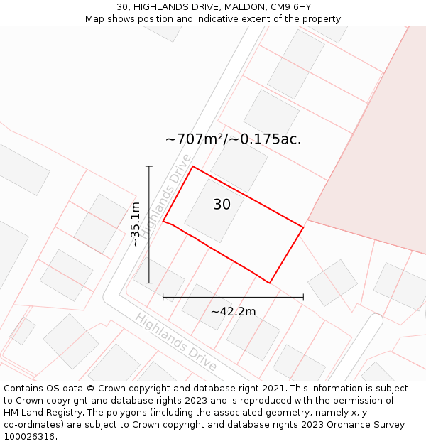 30, HIGHLANDS DRIVE, MALDON, CM9 6HY: Plot and title map