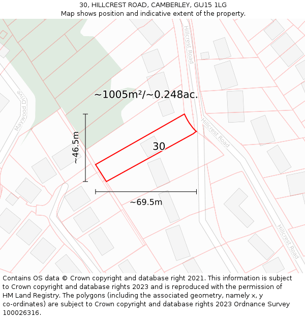 30, HILLCREST ROAD, CAMBERLEY, GU15 1LG: Plot and title map