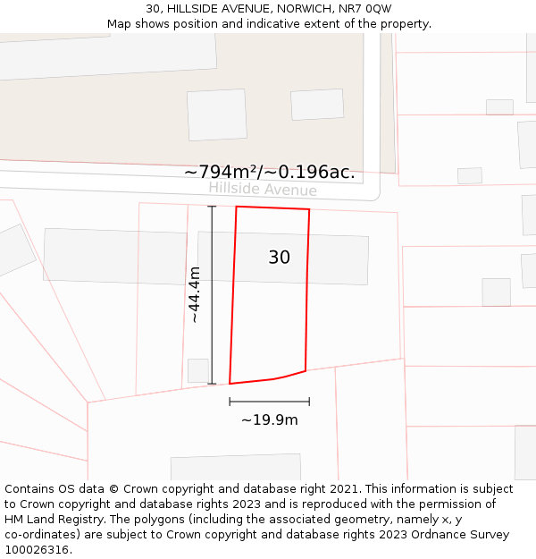 30, HILLSIDE AVENUE, NORWICH, NR7 0QW: Plot and title map