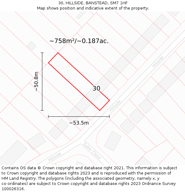 30, HILLSIDE, BANSTEAD, SM7 1HF: Plot and title map