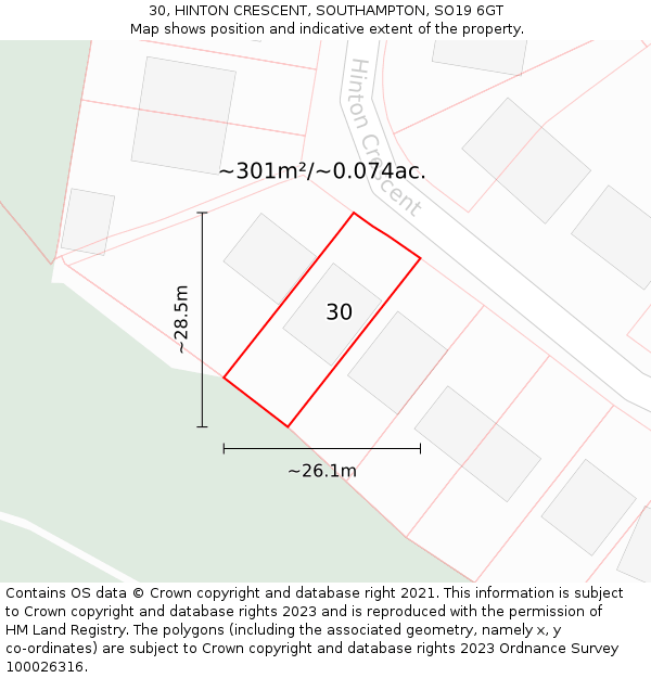 30, HINTON CRESCENT, SOUTHAMPTON, SO19 6GT: Plot and title map