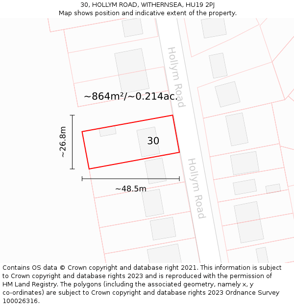 30, HOLLYM ROAD, WITHERNSEA, HU19 2PJ: Plot and title map