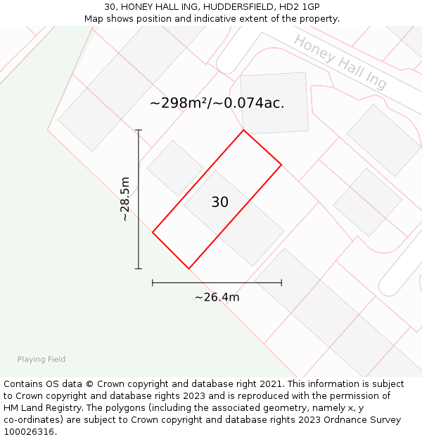 30, HONEY HALL ING, HUDDERSFIELD, HD2 1GP: Plot and title map