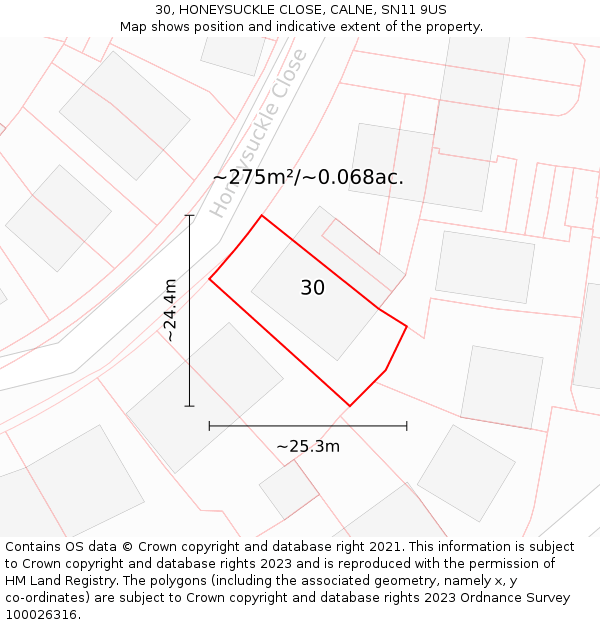 30, HONEYSUCKLE CLOSE, CALNE, SN11 9US: Plot and title map