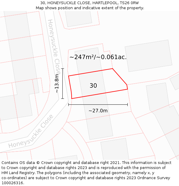 30, HONEYSUCKLE CLOSE, HARTLEPOOL, TS26 0RW: Plot and title map