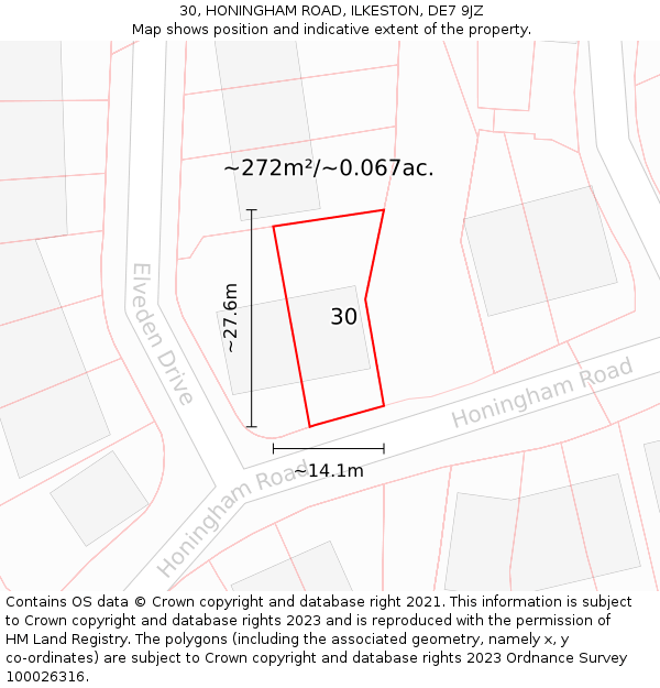 30, HONINGHAM ROAD, ILKESTON, DE7 9JZ: Plot and title map