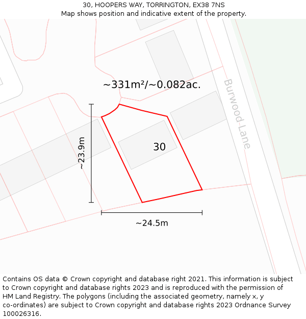 30, HOOPERS WAY, TORRINGTON, EX38 7NS: Plot and title map