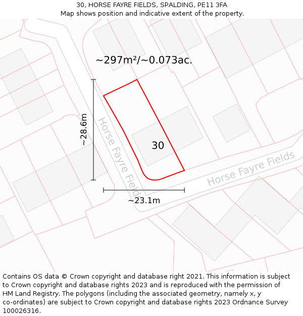 30, HORSE FAYRE FIELDS, SPALDING, PE11 3FA: Plot and title map