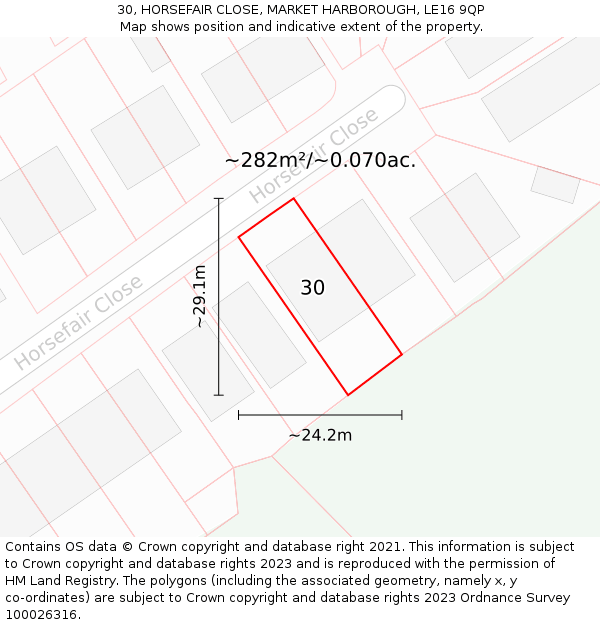 30, HORSEFAIR CLOSE, MARKET HARBOROUGH, LE16 9QP: Plot and title map