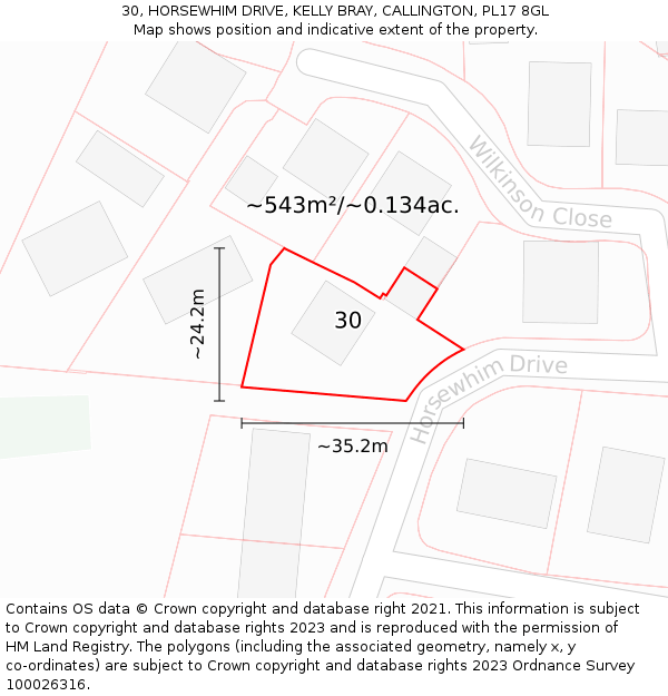 30, HORSEWHIM DRIVE, KELLY BRAY, CALLINGTON, PL17 8GL: Plot and title map