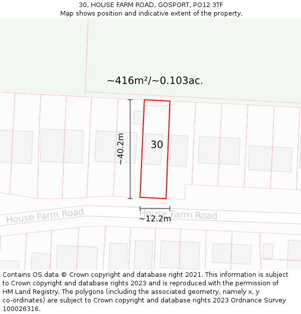 30, HOUSE FARM ROAD, GOSPORT, PO12 3TF: Plot and title map