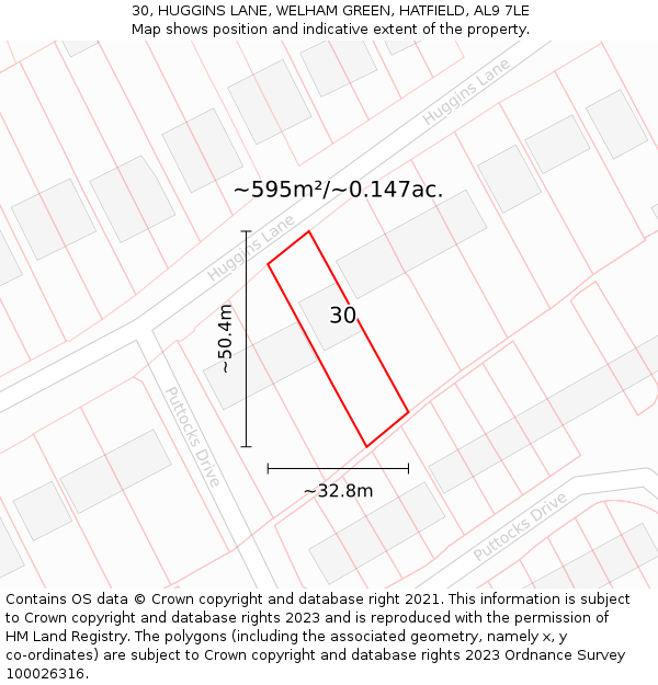30, HUGGINS LANE, WELHAM GREEN, HATFIELD, AL9 7LE: Plot and title map