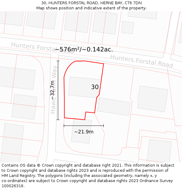 30, HUNTERS FORSTAL ROAD, HERNE BAY, CT6 7DN: Plot and title map