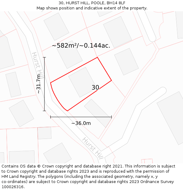 30, HURST HILL, POOLE, BH14 8LF: Plot and title map