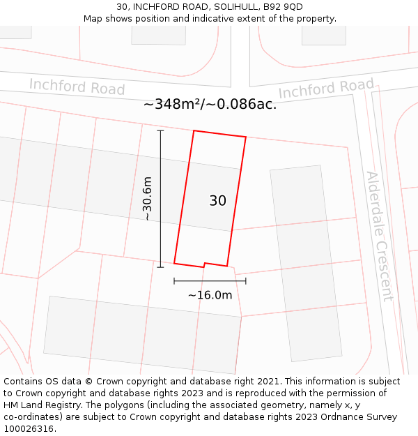 30, INCHFORD ROAD, SOLIHULL, B92 9QD: Plot and title map