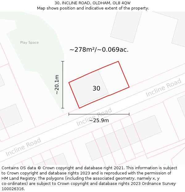 30, INCLINE ROAD, OLDHAM, OL8 4QW: Plot and title map