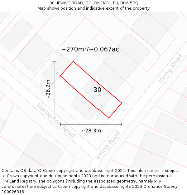 30, IRVING ROAD, BOURNEMOUTH, BH6 5BQ: Plot and title map