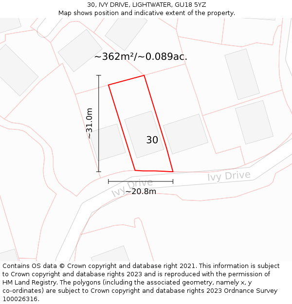 30, IVY DRIVE, LIGHTWATER, GU18 5YZ: Plot and title map