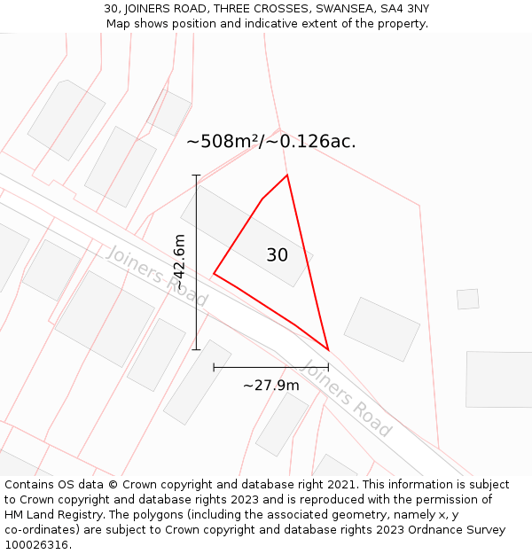 30, JOINERS ROAD, THREE CROSSES, SWANSEA, SA4 3NY: Plot and title map