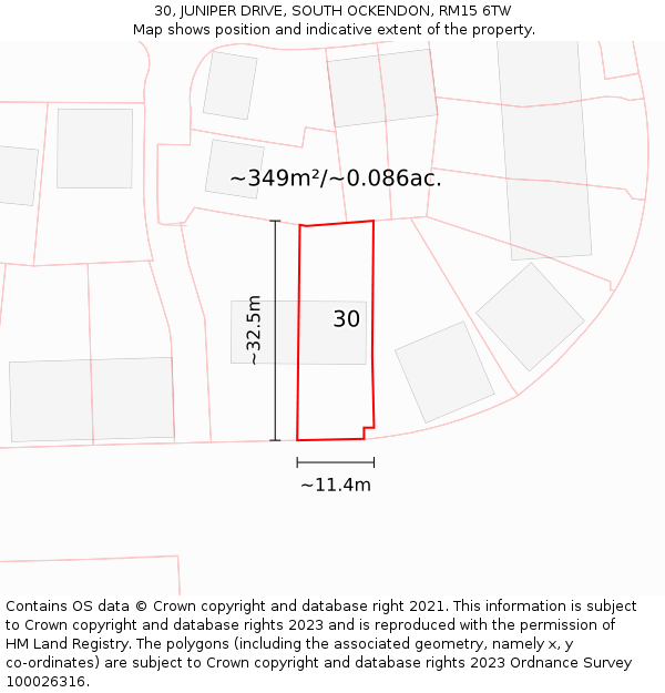 30, JUNIPER DRIVE, SOUTH OCKENDON, RM15 6TW: Plot and title map