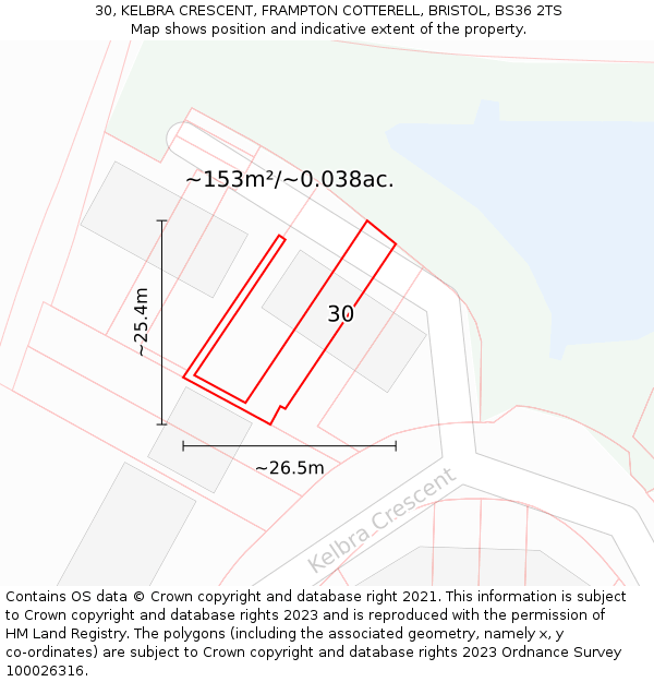 30, KELBRA CRESCENT, FRAMPTON COTTERELL, BRISTOL, BS36 2TS: Plot and title map