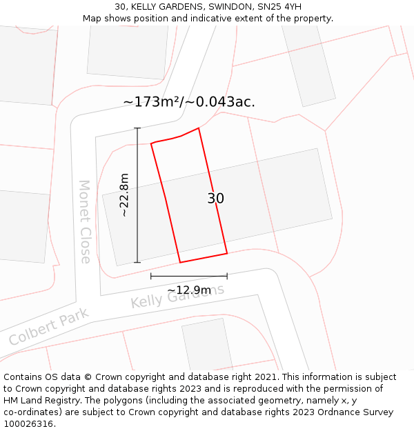 30, KELLY GARDENS, SWINDON, SN25 4YH: Plot and title map