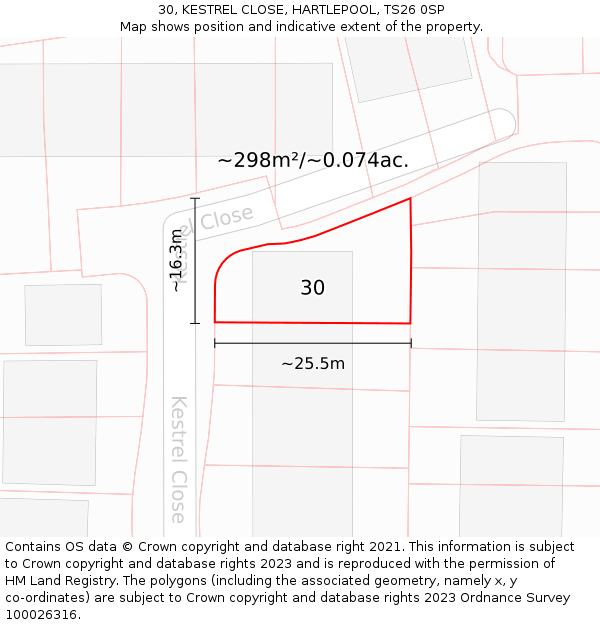 30, KESTREL CLOSE, HARTLEPOOL, TS26 0SP: Plot and title map