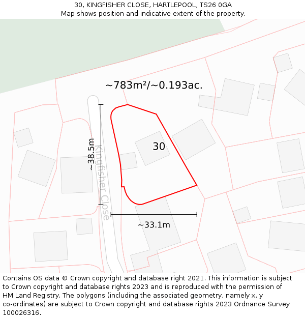 30, KINGFISHER CLOSE, HARTLEPOOL, TS26 0GA: Plot and title map