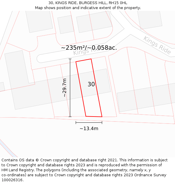 30, KINGS RIDE, BURGESS HILL, RH15 0HL: Plot and title map