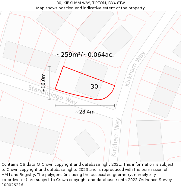 30, KIRKHAM WAY, TIPTON, DY4 8TW: Plot and title map