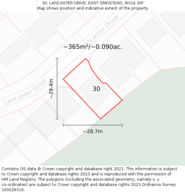 30, LANCASTER DRIVE, EAST GRINSTEAD, RH19 3XF: Plot and title map