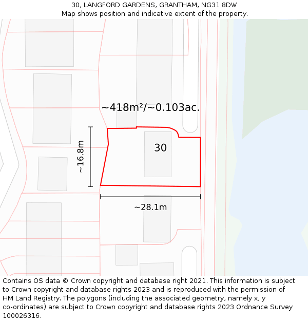 30, LANGFORD GARDENS, GRANTHAM, NG31 8DW: Plot and title map